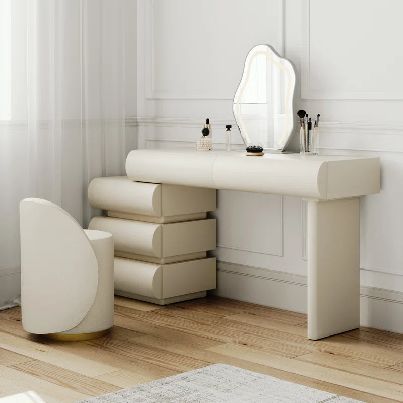 Luxoner Modern Minimalist Cream Vanity Table with Unique Drawer Design And Stool