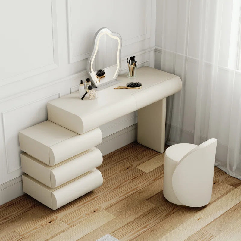 Luxoner Modern Minimalist Cream Vanity Table with Unique Drawer Design And Stool