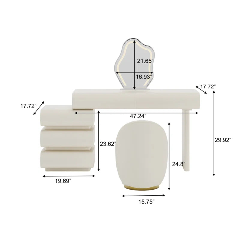 Luxoner Modern Minimalist Cream Vanity Table with Unique Drawer Design And Stool