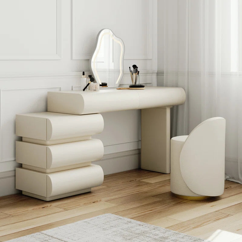 Luxoner Modern Minimalist Cream Vanity Table with Unique Drawer Design And Stool