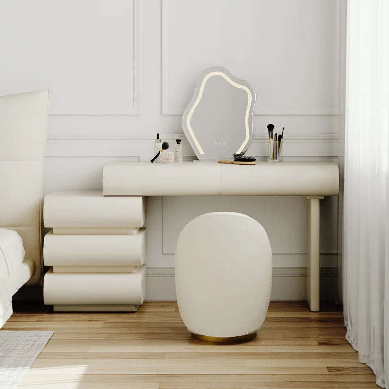 Luxoner Modern Minimalist Cream Vanity Table with Unique Drawer Design And Stool