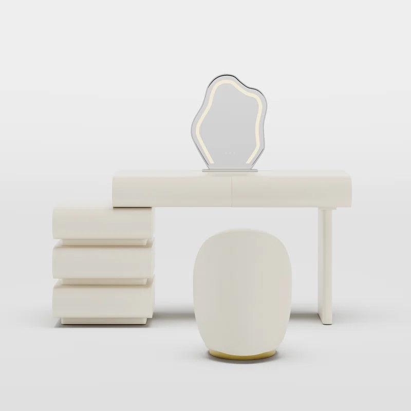 Luxoner Modern Minimalist Cream Vanity Table with Unique Drawer Design And Stool