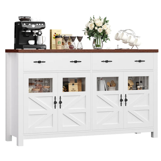 55" Sideboard with Glass Doors, Drawers & Adjustable Shelves
