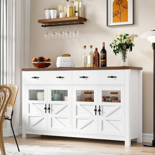 55" Sideboard with Glass Doors, Drawers & Adjustable Shelves