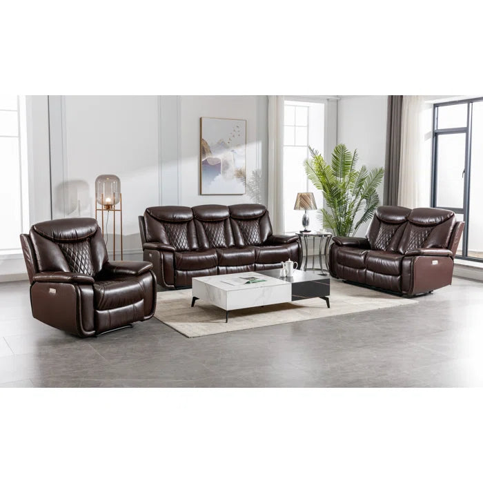Alyceas 3 - Piece Breathable Leather Cushion Back Power Reclining Living Room Luxury Sofa Set