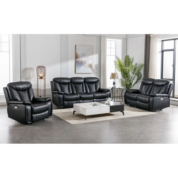 Alyceas 3 - Piece Breathable Leather Cushion Back Power Reclining Living Room Luxury Sofa Set