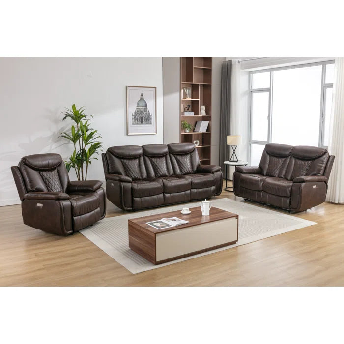 Alyceas 3 - Piece Breathable Leather Cushion Back Power Reclining Living Room Luxury Sofa Set