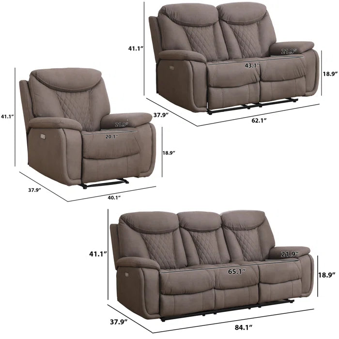 Alyceas 3 - Piece Breathable Leather Cushion Back Power Reclining Living Room Luxury Sofa Set