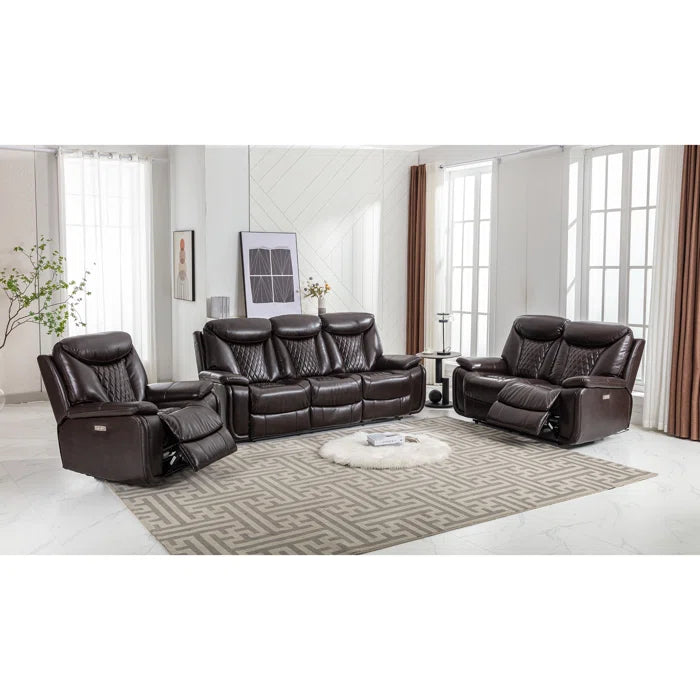 Alyceas 3 - Piece Breathable Leather Cushion Back Power Reclining Living Room Luxury Sofa Set