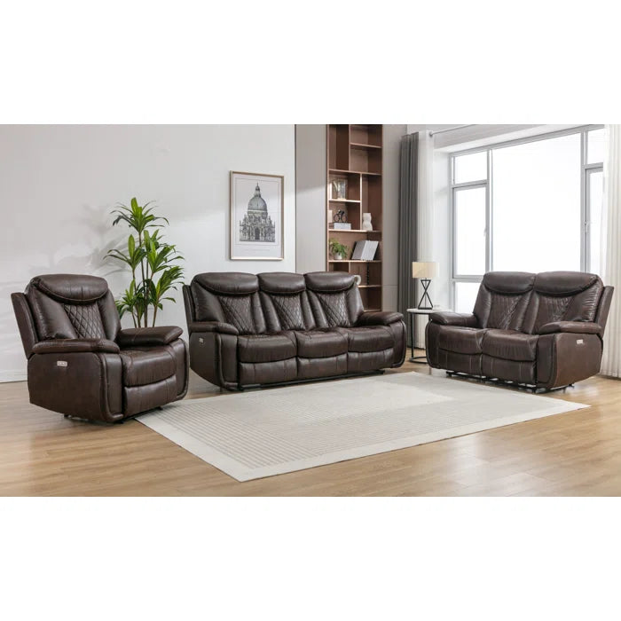 Alyceas 3 - Piece Breathable Leather Cushion Back Power Reclining Living Room Luxury Sofa Set