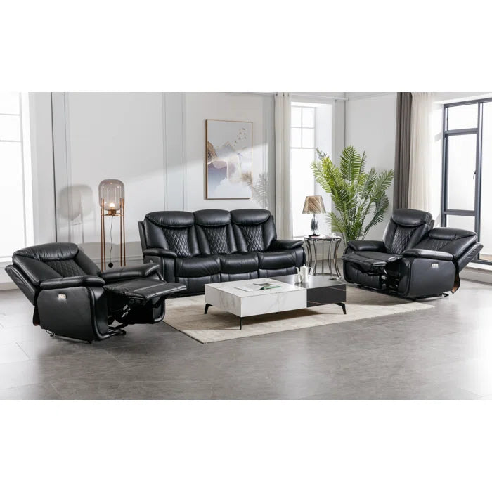Alyceas 3 - Piece Breathable Leather Cushion Back Power Reclining Living Room Luxury Sofa Set