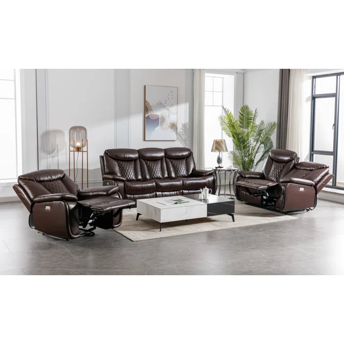 Alyceas 3 - Piece Breathable Leather Cushion Back Power Reclining Living Room Luxury Sofa Set