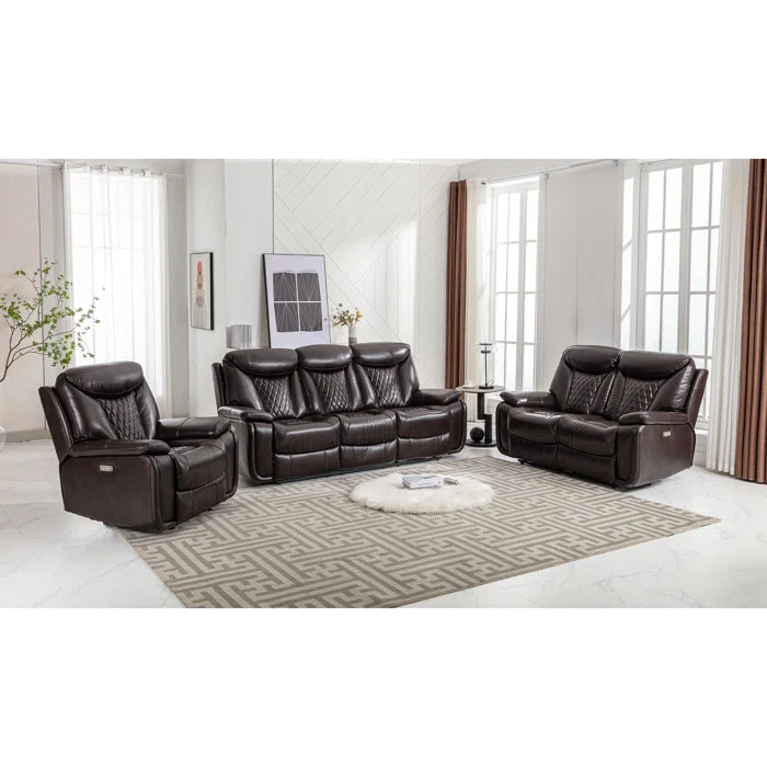 Alyceas 3 - Piece Breathable Leather Cushion Back Power Reclining Living Room Luxury Sofa Set
