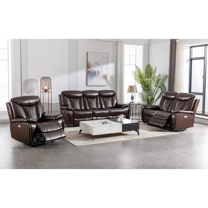 Alyceas 3 - Piece Breathable Leather Cushion Back Power Reclining Living Room Luxury Sofa Set