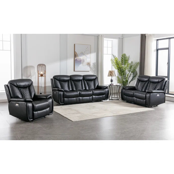 Alyceas 3 - Piece Breathable Leather Cushion Back Power Reclining Living Room Luxury Sofa Set