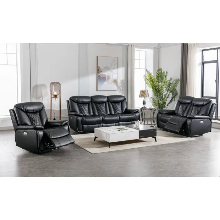 Alyceas 3 - Piece Breathable Leather Cushion Back Power Reclining Living Room Luxury Sofa Set