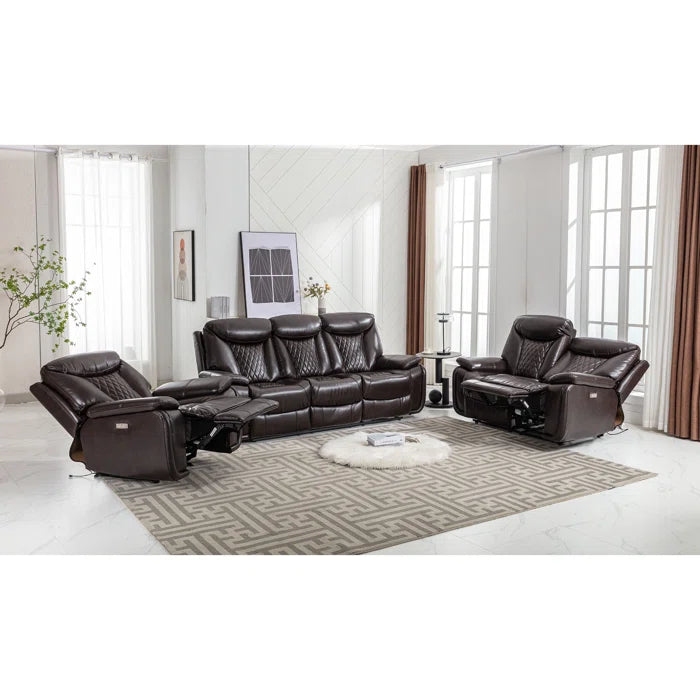 Alyceas 3 - Piece Breathable Leather Cushion Back Power Reclining Living Room Luxury Sofa Set
