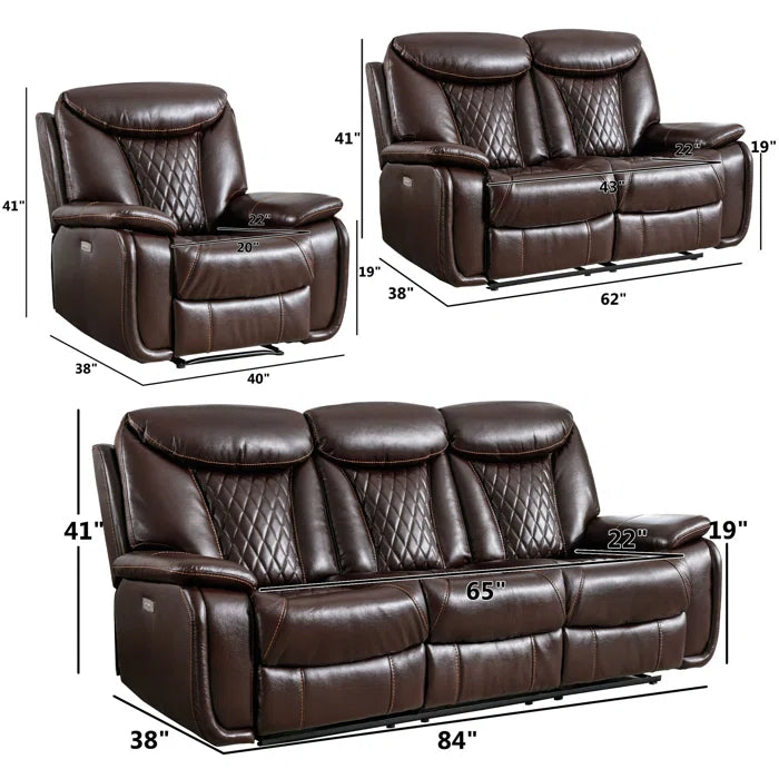 Alyceas 3 - Piece Breathable Leather Cushion Back Power Reclining Living Room Luxury Sofa Set
