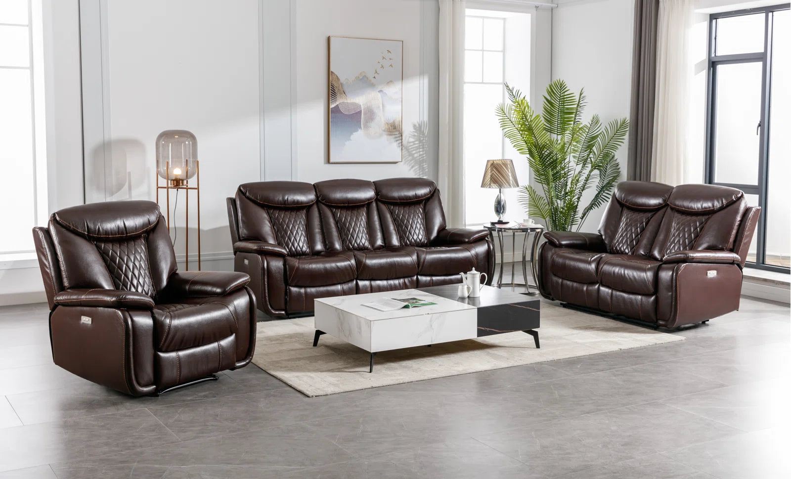 Alyceas 3 - Piece Breathable Leather Cushion Back Power Reclining Living Room Luxury Sofa Set