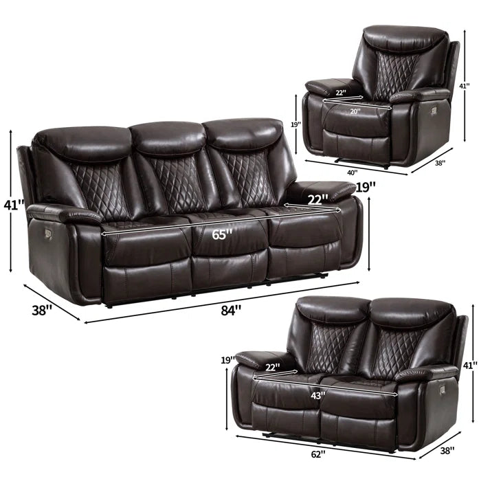 Alyceas 3 - Piece Breathable Leather Cushion Back Power Reclining Living Room Luxury Sofa Set