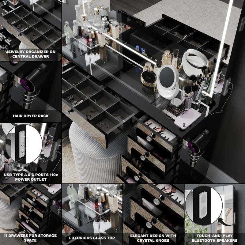 Lahoren Premium Vanity Table With Bluetooth Speakers And 11 Spacious Drawers