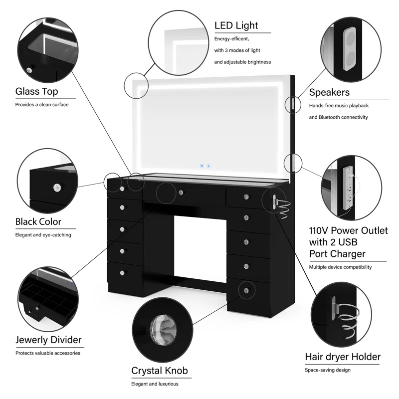 Lahoren Premium Vanity Table With Bluetooth Speakers And 11 Spacious Drawers