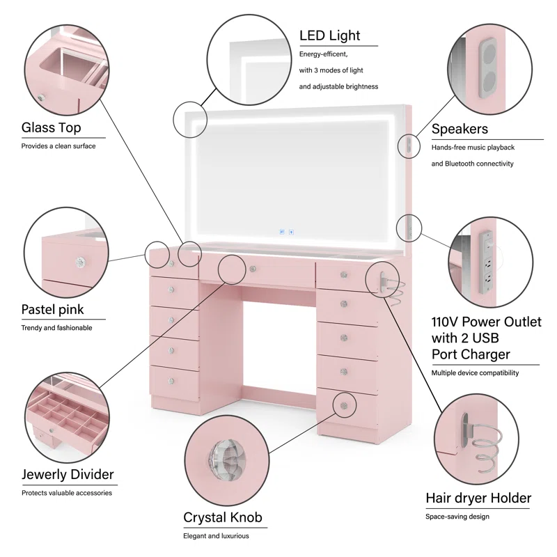 Lahoren Premium Vanity Table With Bluetooth Speakers And 11 Spacious Drawers
