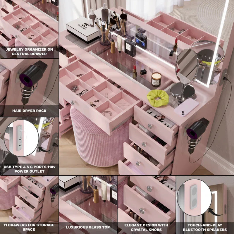 Lahoren Premium Vanity Table With Bluetooth Speakers And 11 Spacious Drawers