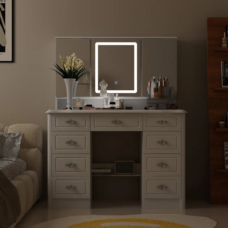 Onkar 9-Drawer Vanity With 3-Mirror - Wooden bazar