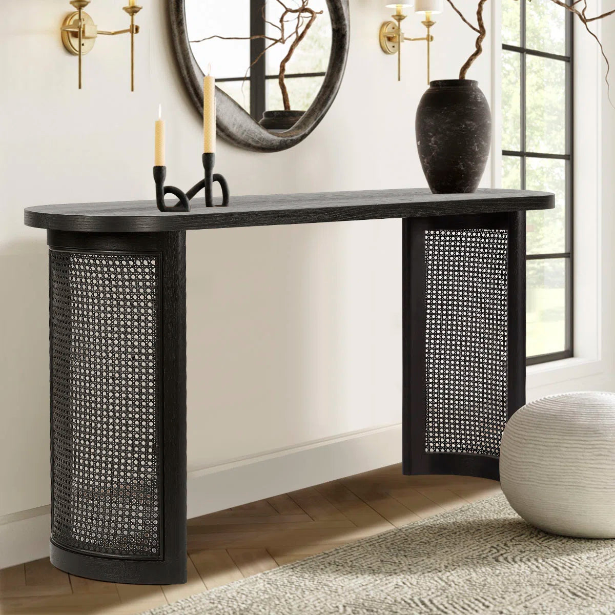 Solid White Oak Rattan Console Table – Stylish & Durable Design