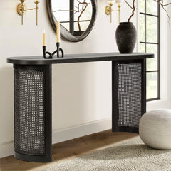 Solid White Oak Rattan Console Table – Stylish & Durable Design
