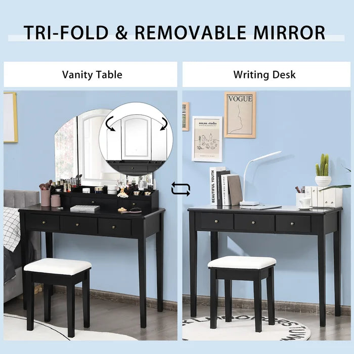 Aoki Vanity Desk Dressing Table Set with Stool and Mirror - Wooden Bazar