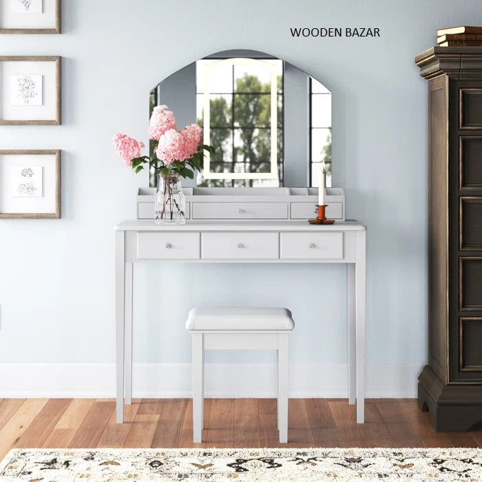 Aoki Vanity Desk Dressing Table Set with Stool and Mirror - Wooden Bazar