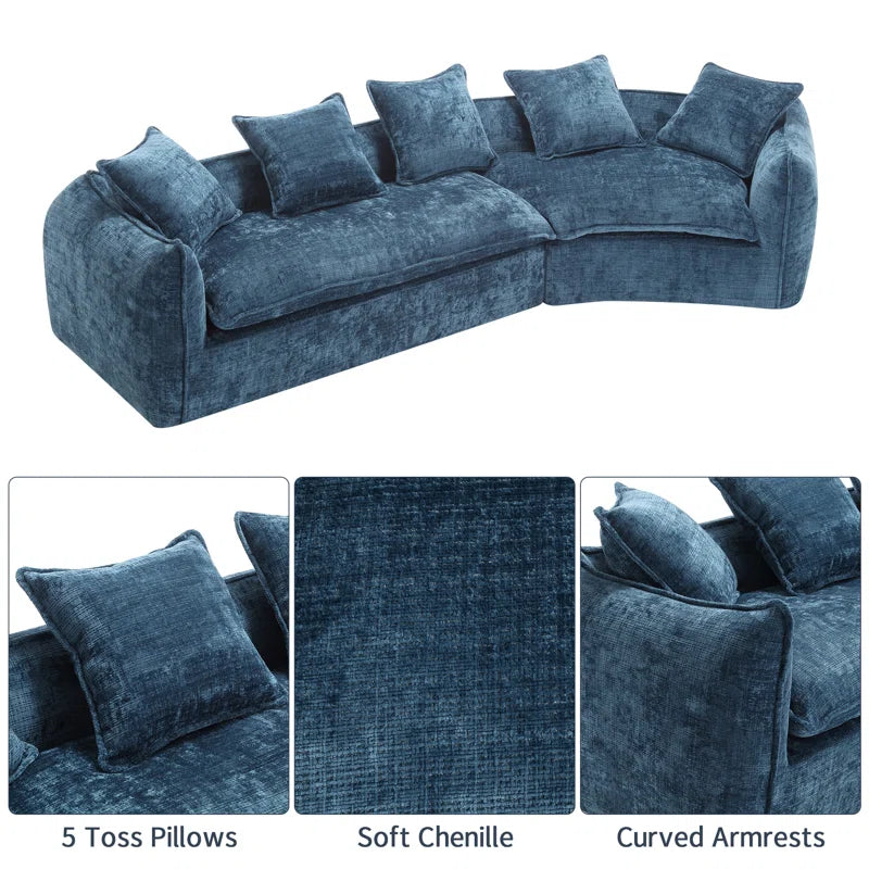 Assemblyc Free 126" Chenille 2-Piece Modular Curved Luxury Sofa Set with 5 Toss Pillows