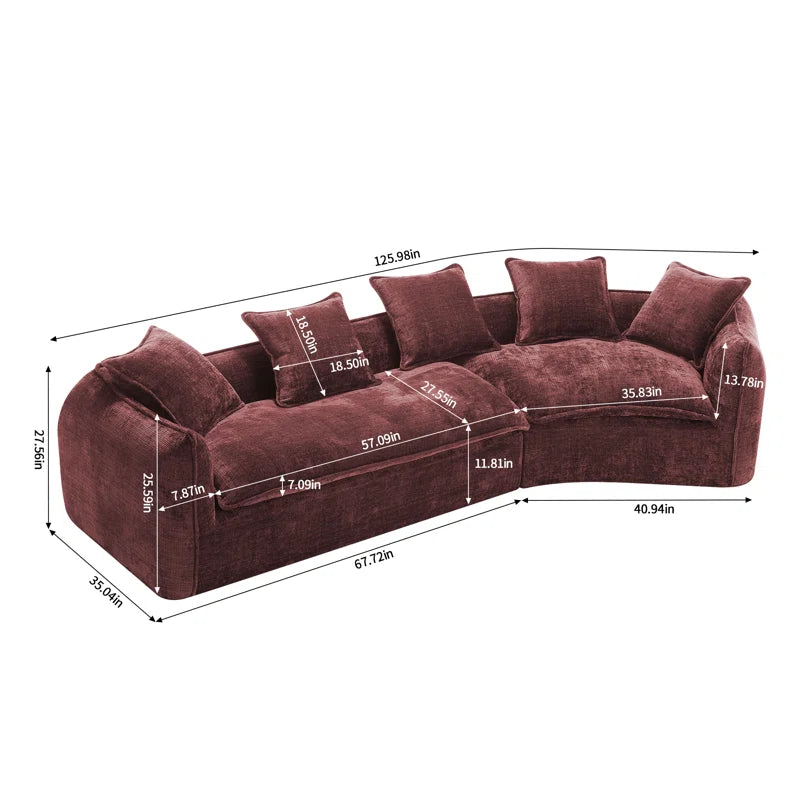 Assemblyc Free 126" Chenille 2-Piece Modular Curved Luxury Sofa Set with 5 Toss Pillows