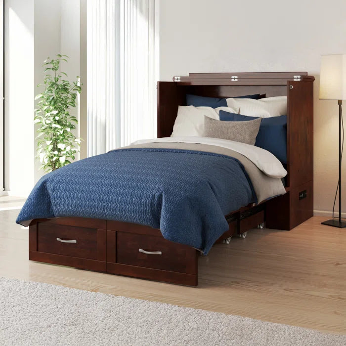 Murphy Bed Chest with 6" Mattress, Storage and Built-in Charger - Wooden Bazar