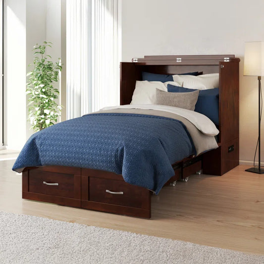 Murphy Bed Chest with 6" Mattress, Storage and Built-in Charger - Wooden Bazar