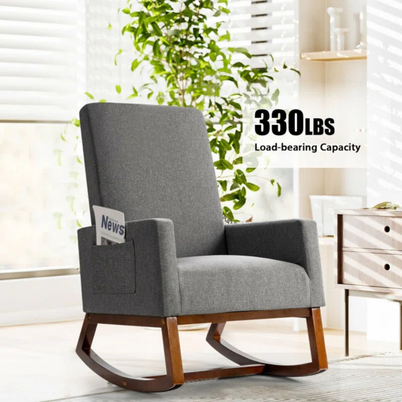 Fascilon Contemporary Gray Upholstered Rocking Chair with Wooden Base