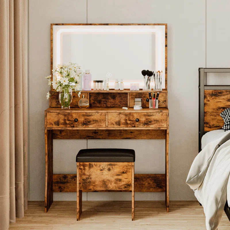Deskron Makeup Vanity with LED Lighted Mirror with Stool