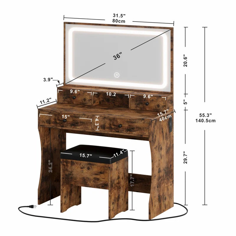 Deskron Makeup Vanity with LED Lighted Mirror with Stool