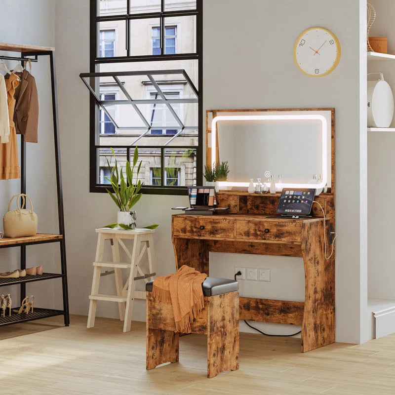 Daternity Makeup Vanity with LED Lighted Mirror, Modern 4 Drawers Vanities Desk with Stool