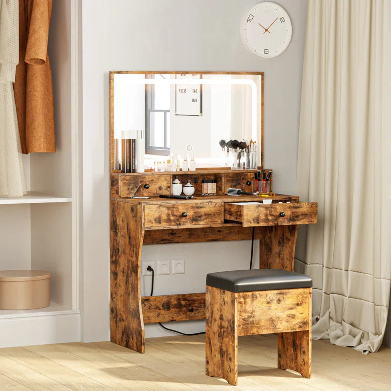 Deskron Makeup Vanity with LED Lighted Mirror with Stool