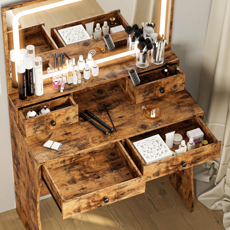 Deskron Makeup Vanity with LED Lighted Mirror with Stool