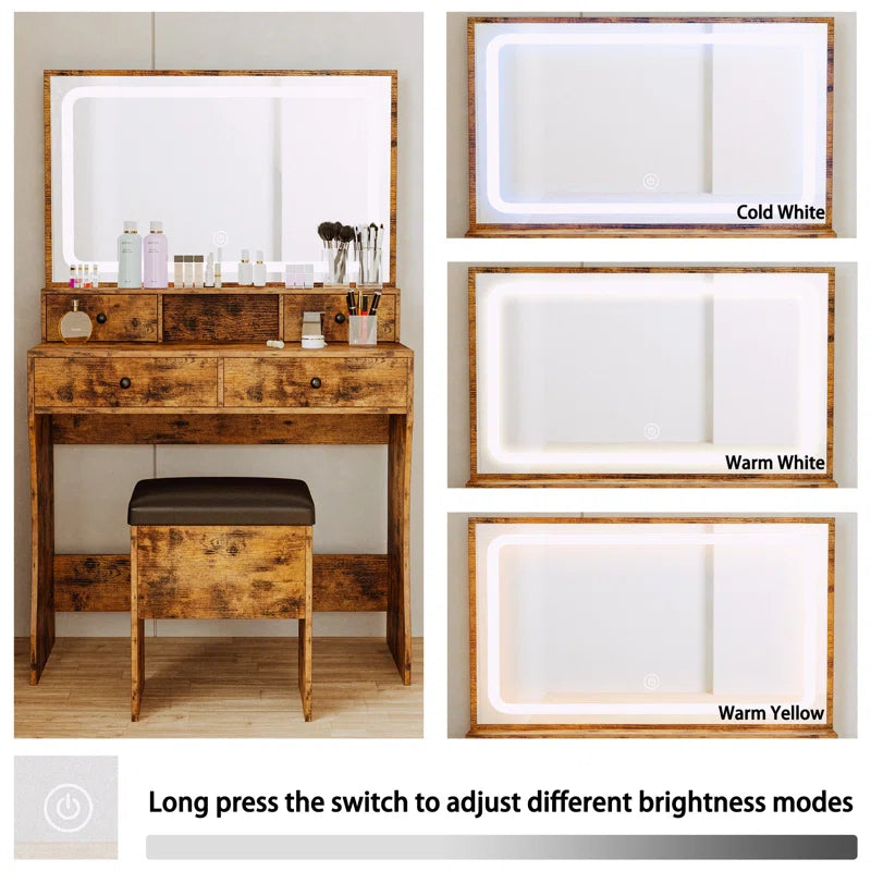 Daternity Makeup Vanity with LED Lighted Mirror, Modern 4 Drawers Vanities Desk with Stool