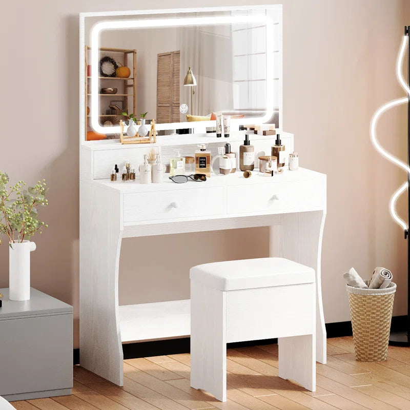 Daternity Makeup Vanity with LED Lighted Mirror, Modern 4 Drawers Vanities Desk with Stool