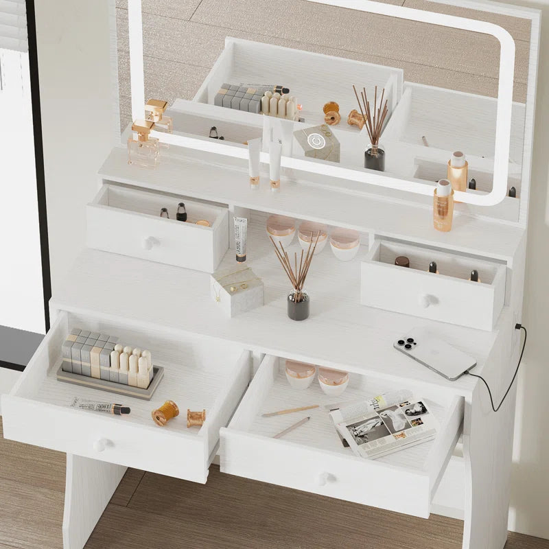 Deskron Makeup Vanity with LED Lighted Mirror with Stool