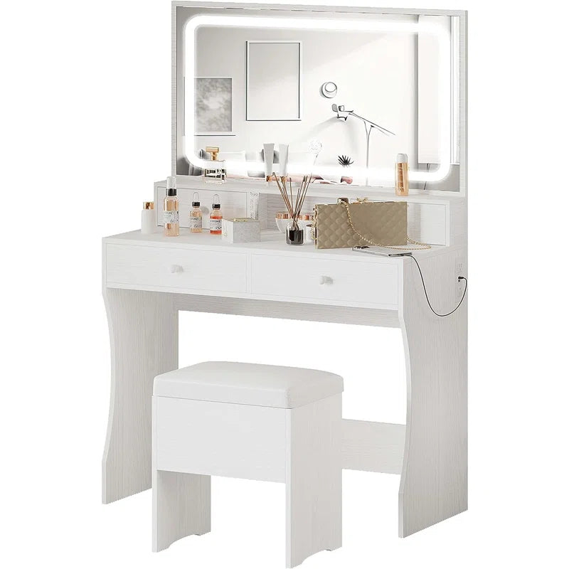 Deskron Makeup Vanity with LED Lighted Mirror with Stool