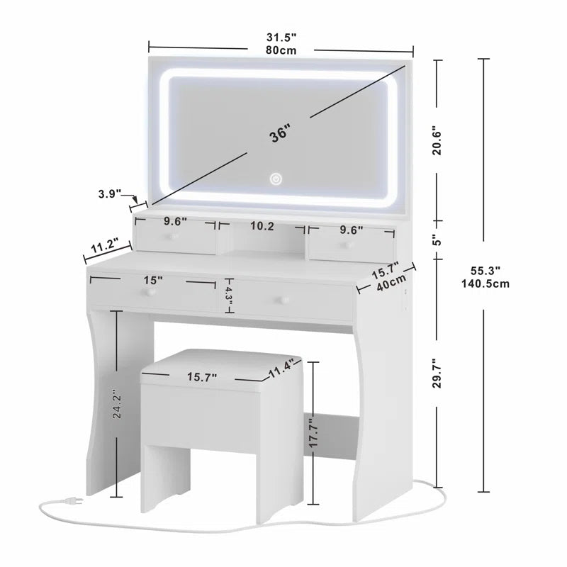 Deskron Makeup Vanity with LED Lighted Mirror with Stool