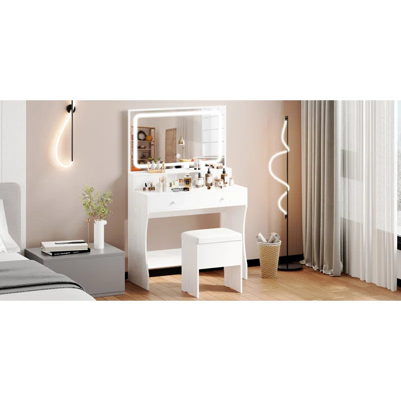 Deskron Makeup Vanity with LED Lighted Mirror with Stool