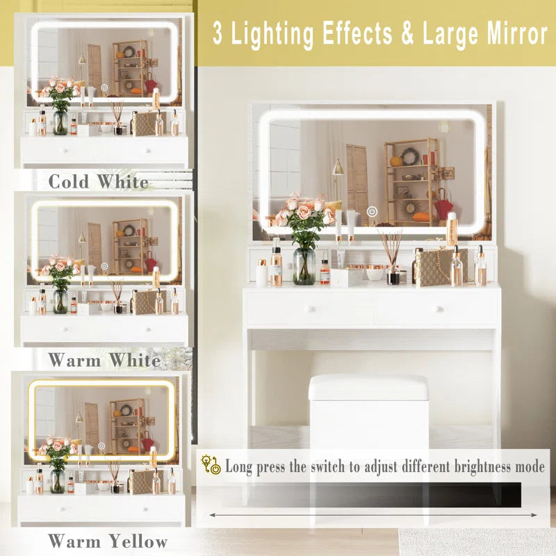 Daternity Makeup Vanity with LED Lighted Mirror, Modern 4 Drawers Vanities Desk with Stool